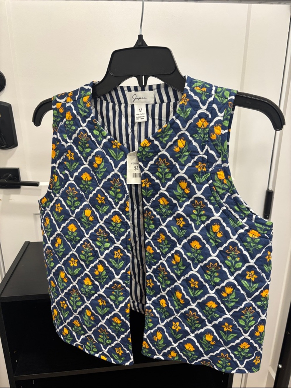 Japna Navy Quilted Vest with Yellow Floral Motif